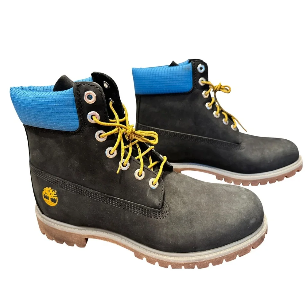 Timberland 6 Inch Premium Black Nubuck Blue Ripstop Boots Mens 10.5 New